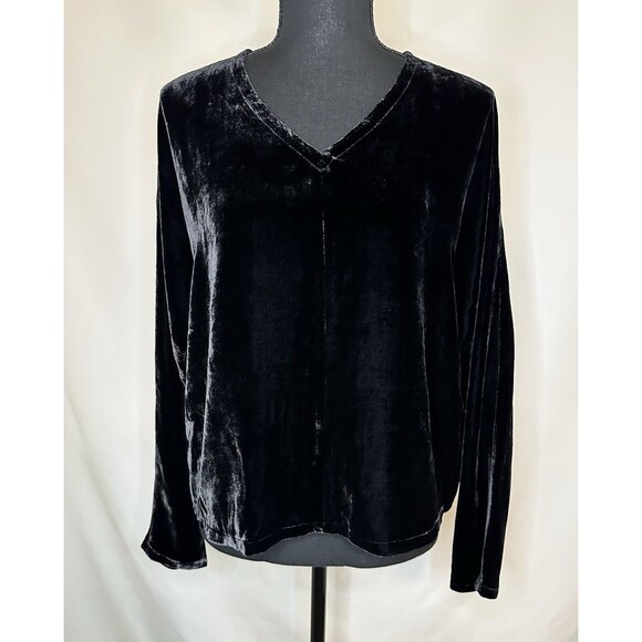 Eileen Fisher Long Dolman Sleeve Crop Black Velvet Silk Oversized Top Blouse XXS - Picture 1 of 8